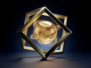 A 3D render of a radiant celestial orb inside a solid geometric framework representing the structured cosmic energy of the 2026 astrology forecast