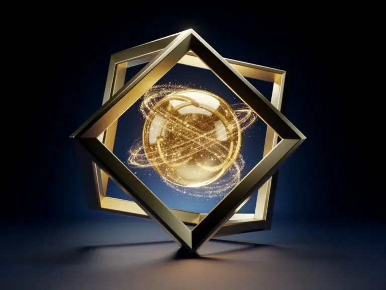 A 3D render of a radiant celestial orb inside a solid geometric framework representing the structured cosmic energy of the 2026 astrology forecast