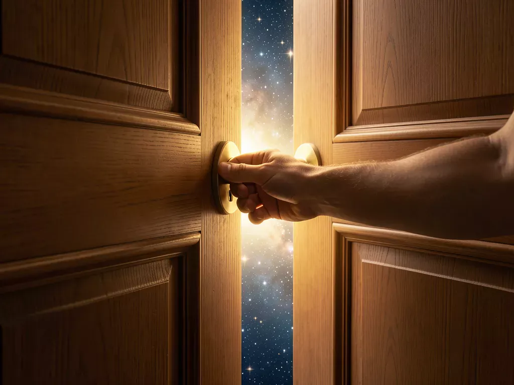 A close-up of a hand opening a wooden door to reveal a vividly glowing starry universe