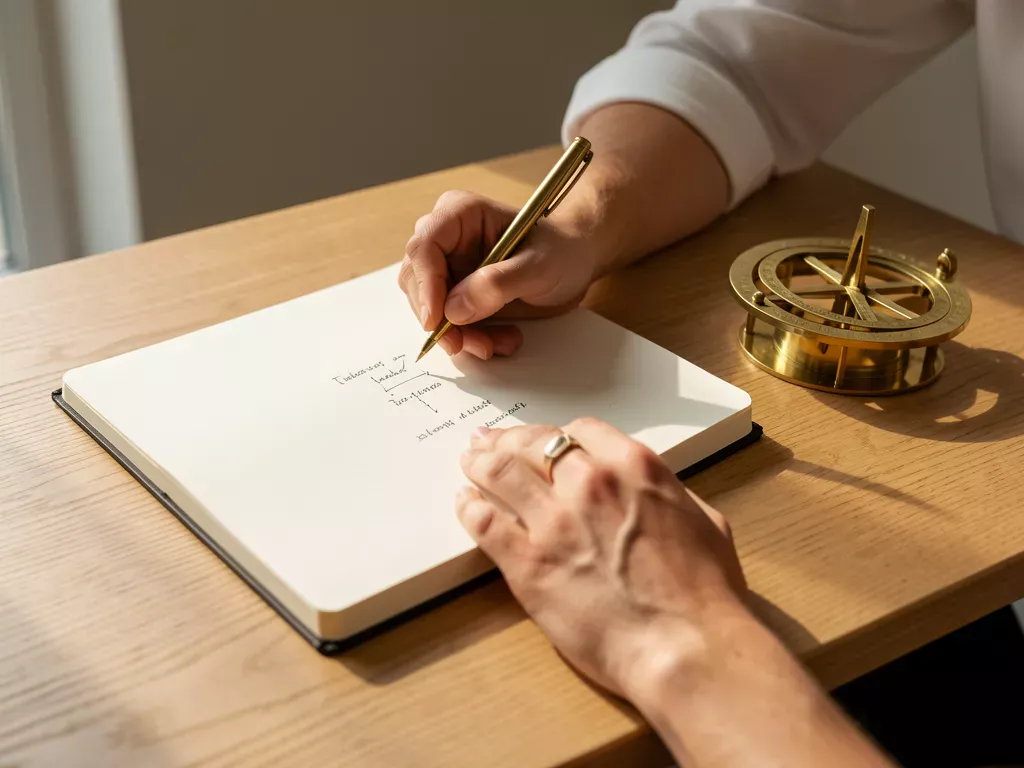 Close up of hands drafting a plan in a blank journal next to a brass astrolabe reflecting morning light