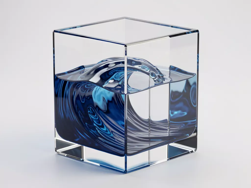 A glowing blue wave of water smoothly contained inside a thick, protective transparent glass cube.