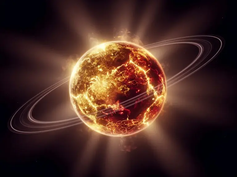 Glowing fiery planetary sphere in deep space representing the Aries stellium 2026 and cosmic reset