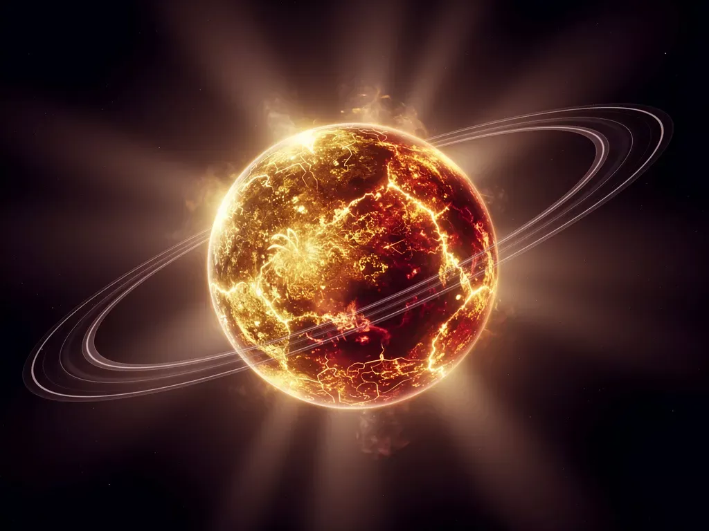 Glowing fiery planetary sphere in deep space representing the Aries stellium 2026 and cosmic reset