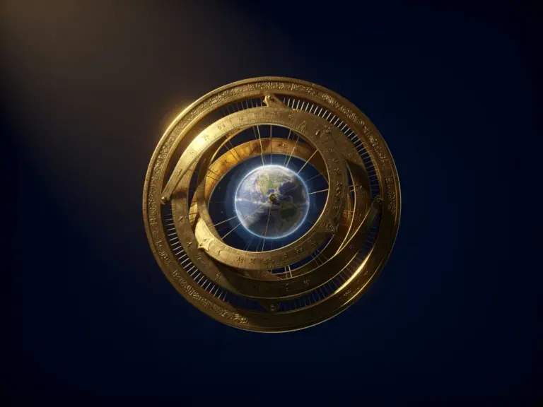 A 3D rendering of a golden astrolabe surrounding a luminous planet, representing celestial astrology.