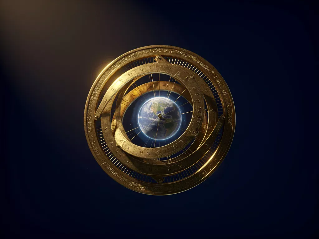 A 3D rendering of a golden astrolabe surrounding a luminous planet, representing celestial astrology.