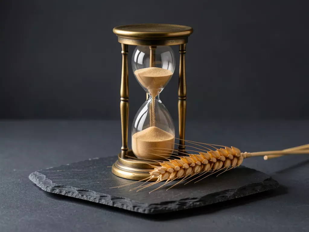 An antique brass hourglass resting on a dark slate stone next to a single golden stalk of wheat, symbolizing time and the harvest.