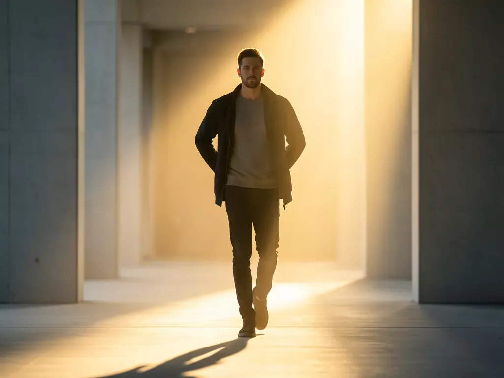A person confidently stepping out of a shadowy area into bright, golden lighting, representing personal transformation.